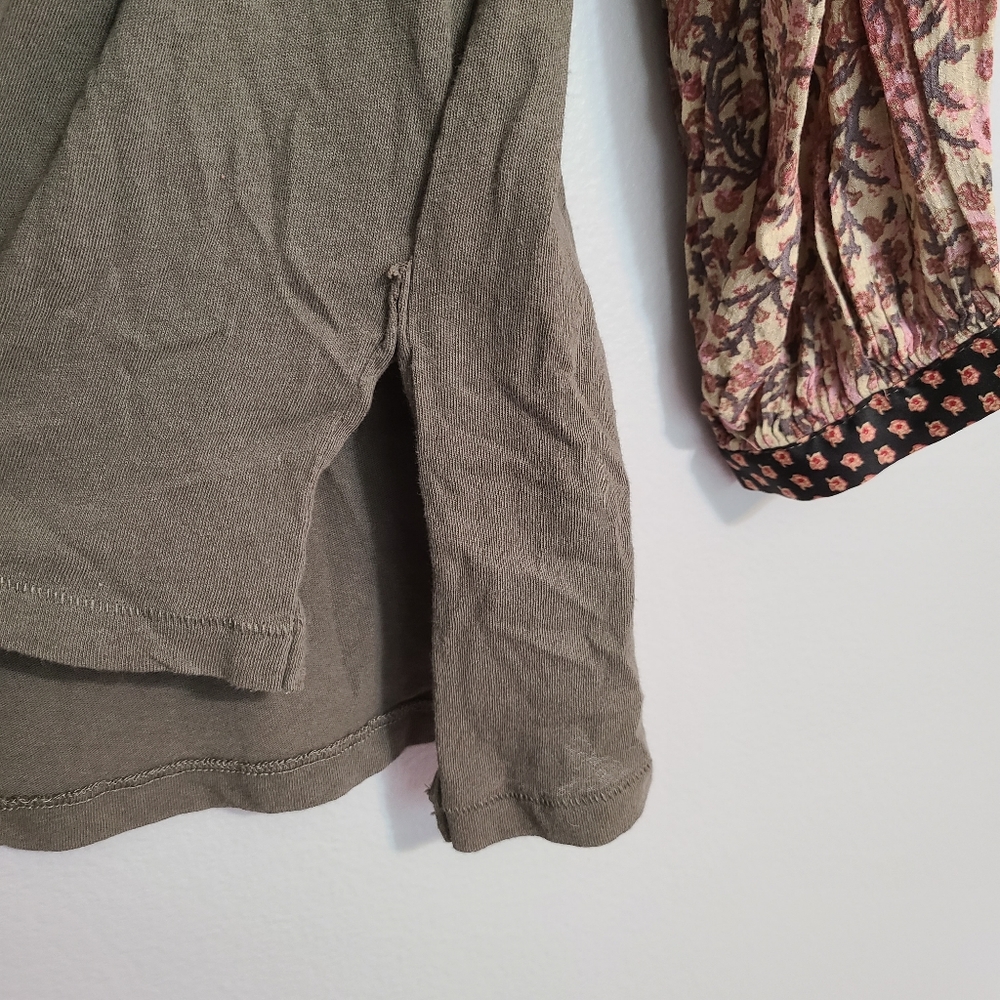 Free People Army Green Paisley Priny Mixed Media Long Sleeve Shirt Medium - Picture 8 of 10